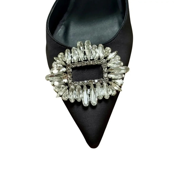 New GOOD AMERICAN Jeweled Glass Slipper Black Satin 4" Heel Mules Women's 9.5 - Picture 2 of 10